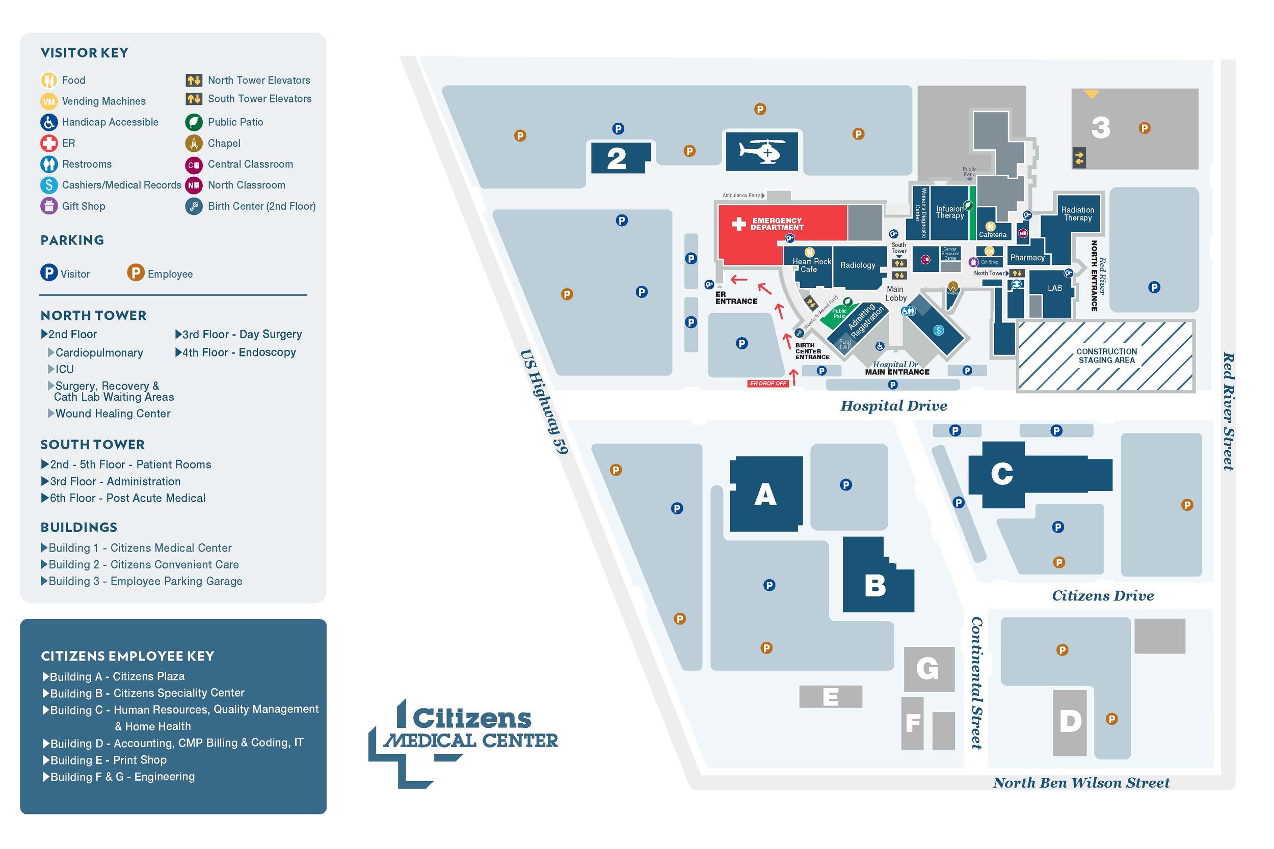 Map of Citizens Medical Center showing building locations, parking areas, and key facilities including emergency, inpatient, and outpatient services.